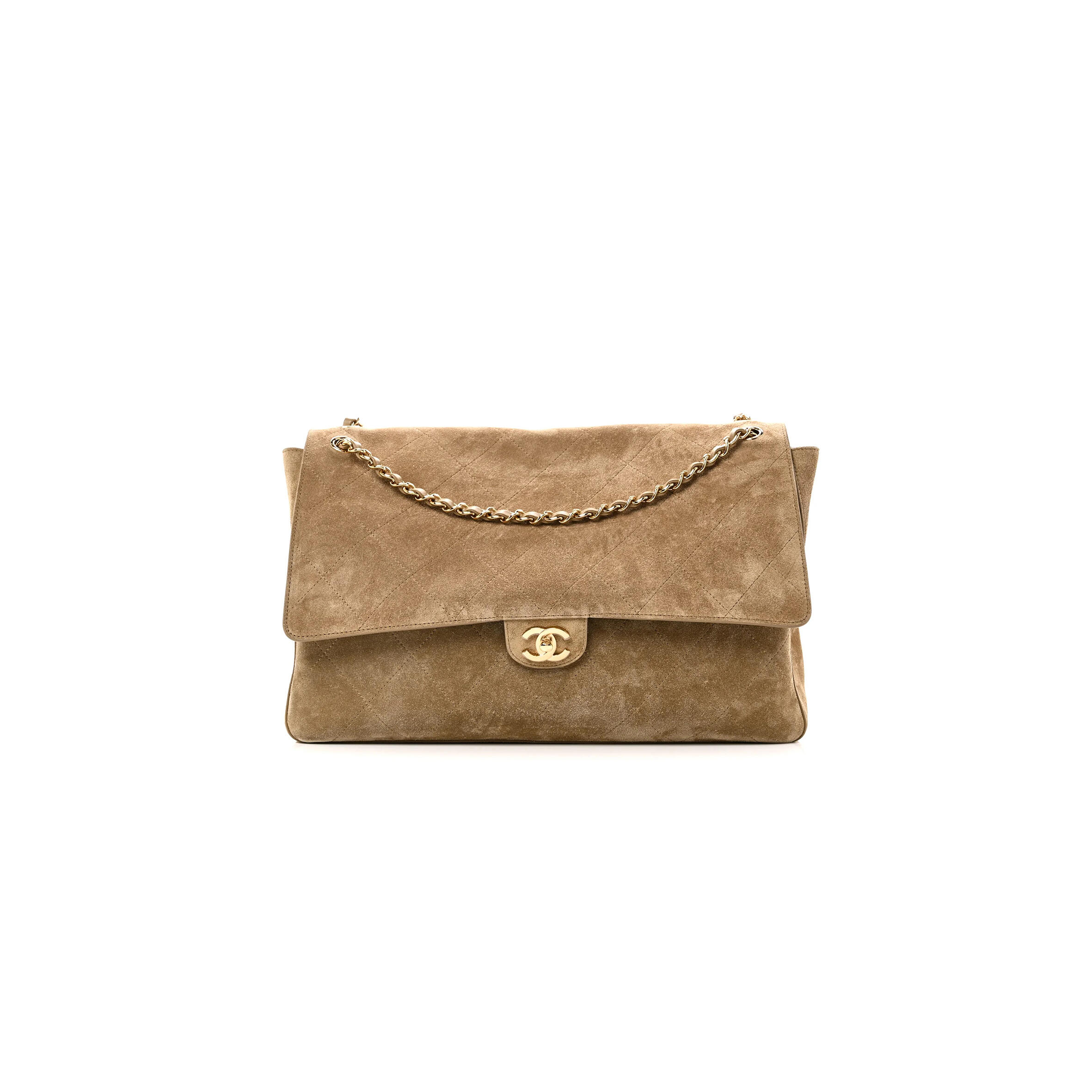 CHANEL SUEDE CALFSKIN SOUPLISSIMO MAXI FLAP DARK BEIGE (38*25*11cm)